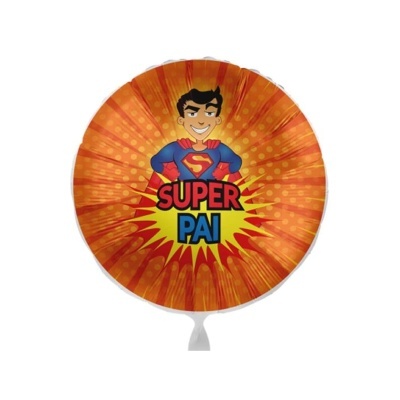 Balão redondo laranja com desenho de super-herói e texto SUPER PAI