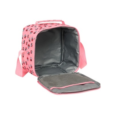 Mala térmica rosa com padrão de pinguins e interior cinza aberto