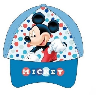 Boné infantil azul e branco com Mickey Mouse e bolinhas coloridas