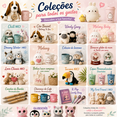Promoção de coleções de peluches, canecas, copos e artigos personalizados em ambiente claro