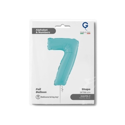 Balão azul pastel em forma do número 7 embalagem com informações