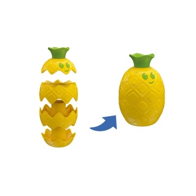 Recipiente plástico amarelo ananás com tampa verde e rosto sorridente