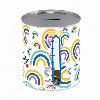 Pote metálico colorido com ranhura para moedas e janela transparente mostrando moedas