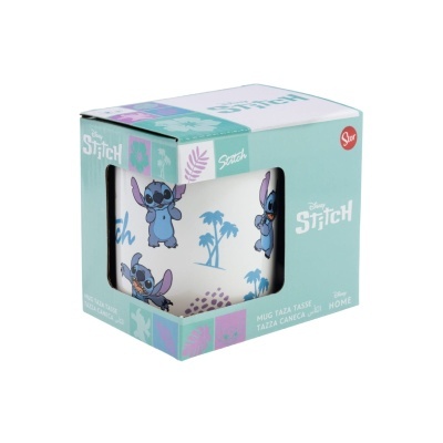 Caneca branca de cerâmica com desenhos do Stitch embalada em caixa azul temática