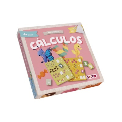 Jogo de tabuleiro CÁLCULOS para crianças, embalagem rosa com ilustrações e peças coloridas