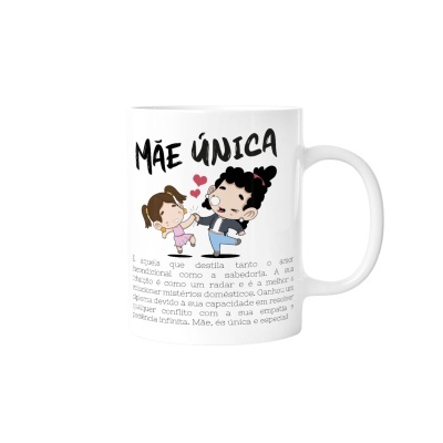 Caneca branca com desenho de mãe e filha e texto 'MÃE ÚNICA'