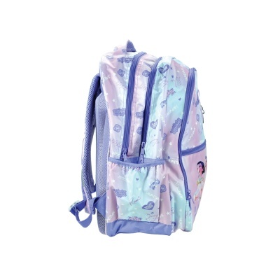 Mochila infantil colorida com padrão pastel e fechos azuis