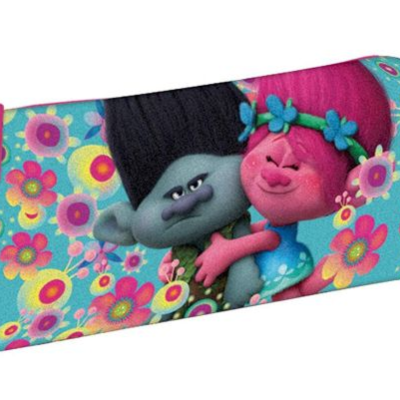 Estojo escolar cilíndrico com personagens de desenho animado e flores