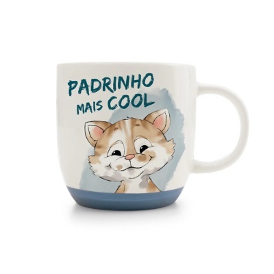 Caneca branca com desenho de gato e texto PADRINHO MAIS COOL
