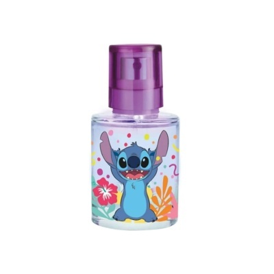 Frasco de spray transparente com tampa roxa e desenho do Stitch