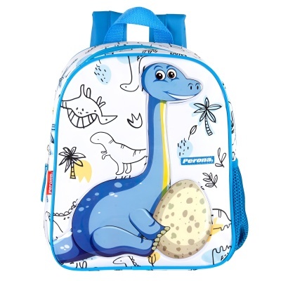 Mochila infantil com estampa de dinossauro azul segurando um ovo em fundo branco e azul