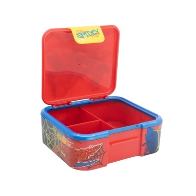 Caixa organizadora com tampa vermelha translúcida, interior dividido, bordas azuis e decoração Homem-Aranha