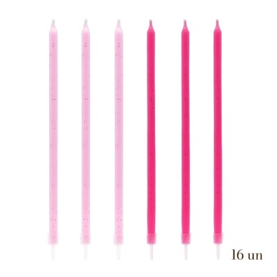 Conjunto de 6 velas finas rosa claro e rosa escuro, com textura dourada e suporte plástico