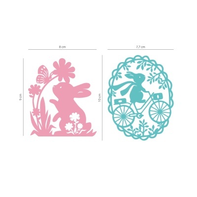 Silhuetas decorativas de coelhos em papel rosa e azul com elementos florais.