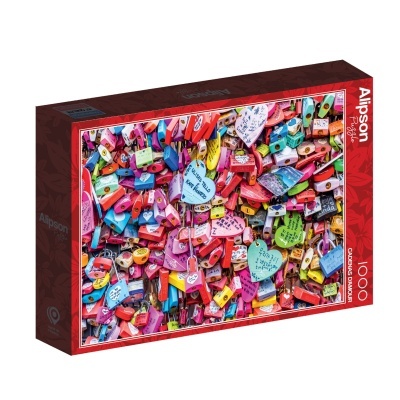 Caixa de quebra-cabeças com imagem colorida de cadeados de amor e notas em forma de coração