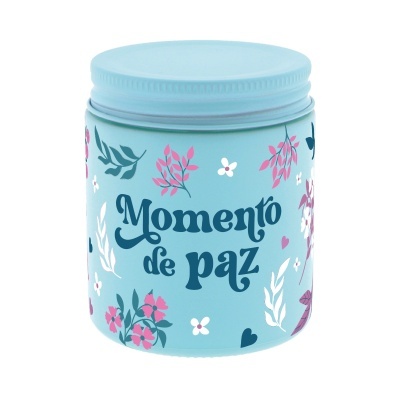Pote azul com flores e texto 'Momento de paz'.