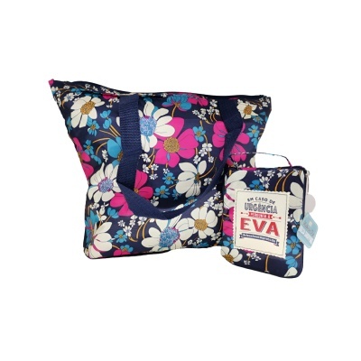 Bolsa e carteira em tecido floral azul, branco, rosa e bege