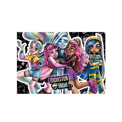 Personagens Monster High coloridas em fundo preto com ícones