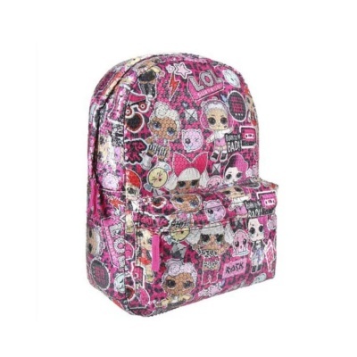 Mochila rosa com desenhos animados e texto LOL