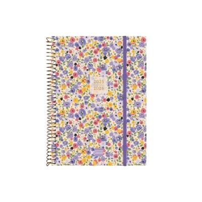 Caderno espiral floral com elástico e inscrição 2025 2026