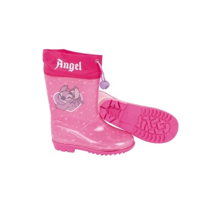 Botas de chuva rosa com texto Angel e personagem de desenho animado