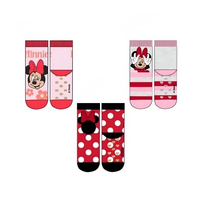 Três pares de meias infantis com a personagem Minnie Mouse e padrões coloridos