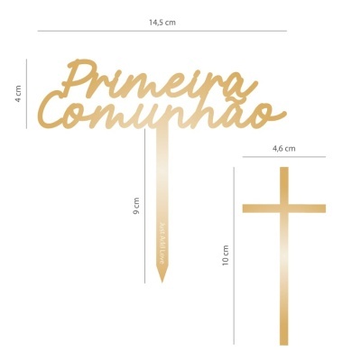 Topper dourado para bolo com texto Primeira Comunhão e cruz