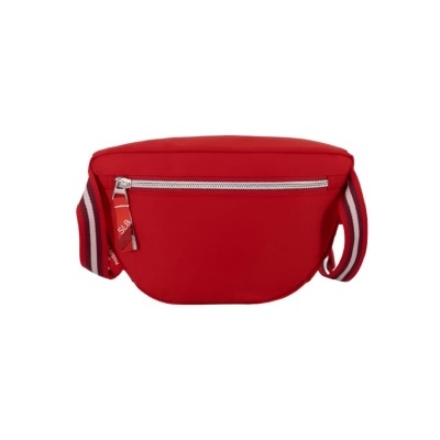 Bolsa vermelha com fecho metálico e alça listrada