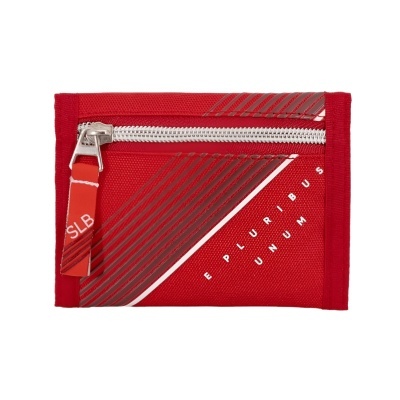 Carteira vermelha com fecho e texto E PLURIBUS UNUM