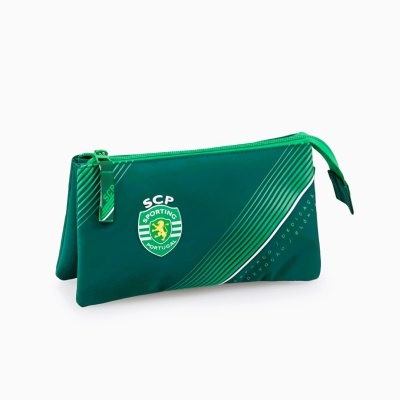 Estojo escolar verde com emblema do Sporting CP e riscas brancas e verdes