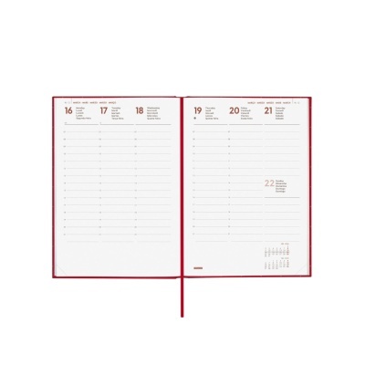 Agenda semanal aberta com capa vermelha e páginas brancas com datas e linhas para anotações