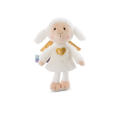 Pelúcia de ovelha branca com coração dourado e asas douradas