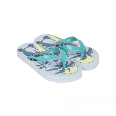 Chinelos de dedo infantis com estampa colorida e tiras azuis