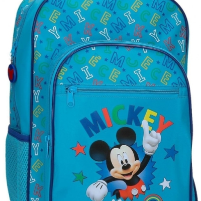Mochila azul com imagem colorida do Mickey Mouse e texto MICKEY Mouse