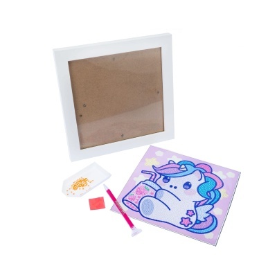 Kit de quadro unicórnio com moldura branca e materiais para pintura