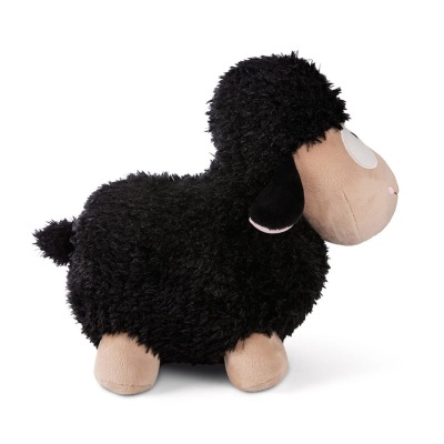 Pelúcia de ovelha preta com rosto castanho-claro e olhos grandes