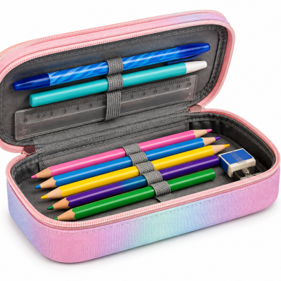 Estojo escolar rosa e azul com lápis de cor, canetas, régua e apontador.