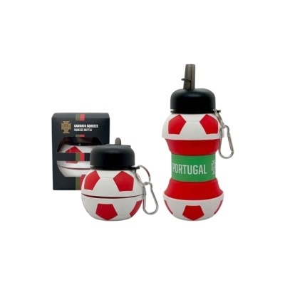 Garrafa desdobrável silicone vermelho branco com design futebol e palavra Portugal