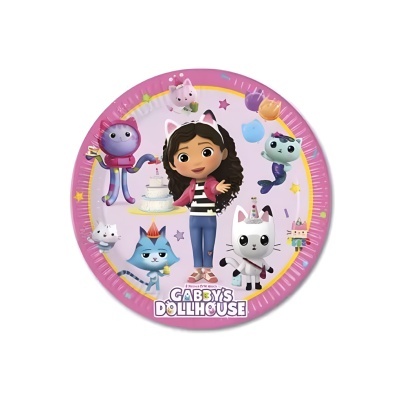 Prato de papel com personagens animados de Gabby's Dollhouse e borda rosa