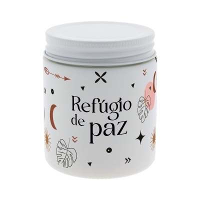 Frasco branco com tampa e texto Refúgio de paz decorado