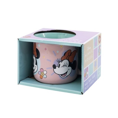 Caneca rosa com imagens da Minnie Mouse em embalagem de cartão