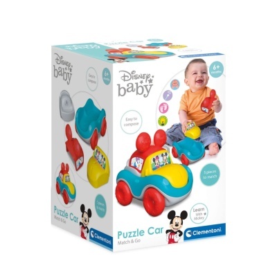 Brinquedo Puzzle Car Disney baby em plástico colorido com imagens do Mickey Mouse, embalado numa caixa com texto informativo.