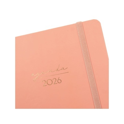 Agenda rosa claro com texto dourado e fecho elástico.