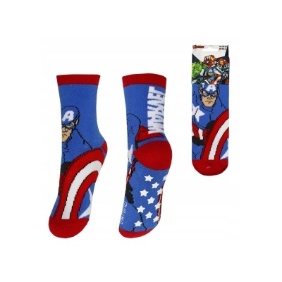 Meias de Capitão América com escudo e logo MARVEL em azul e vermelho