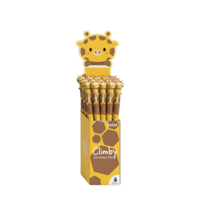 Canetas apagáveis amarelas com tampas de girafa num expositor amarelo