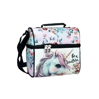 Mala térmica azul com unicórnio e padrão floral