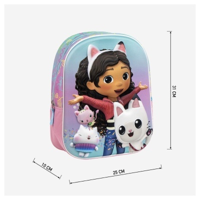 Mochila infantil com personagens de gato em azul e rosa, 31x25x10 cm