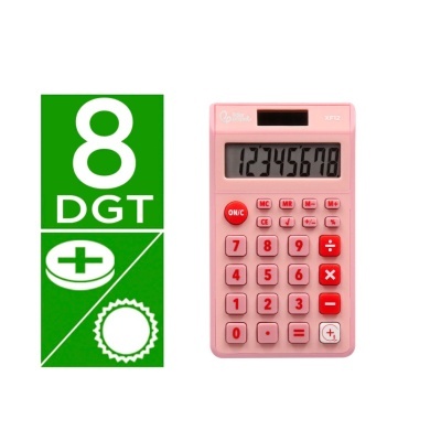 Calculadora rosa com visor digital e botões vermelhos e rosa ao lado de etiqueta verde com texto 8 DGT.
