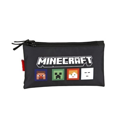 Estojo preto com fecho duplo e motivos Minecraft coloridos