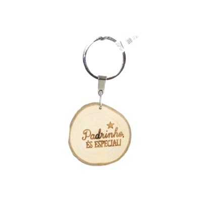 Porta-chaves redondo em madeira clara com frase gravada